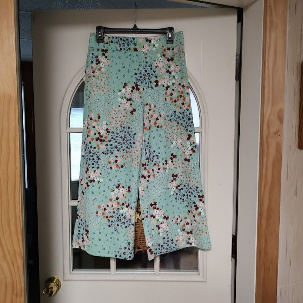 Isaac Mizrahi Green Flowered Pebble Knit Wide Leg Cropped Pants Women's XS P